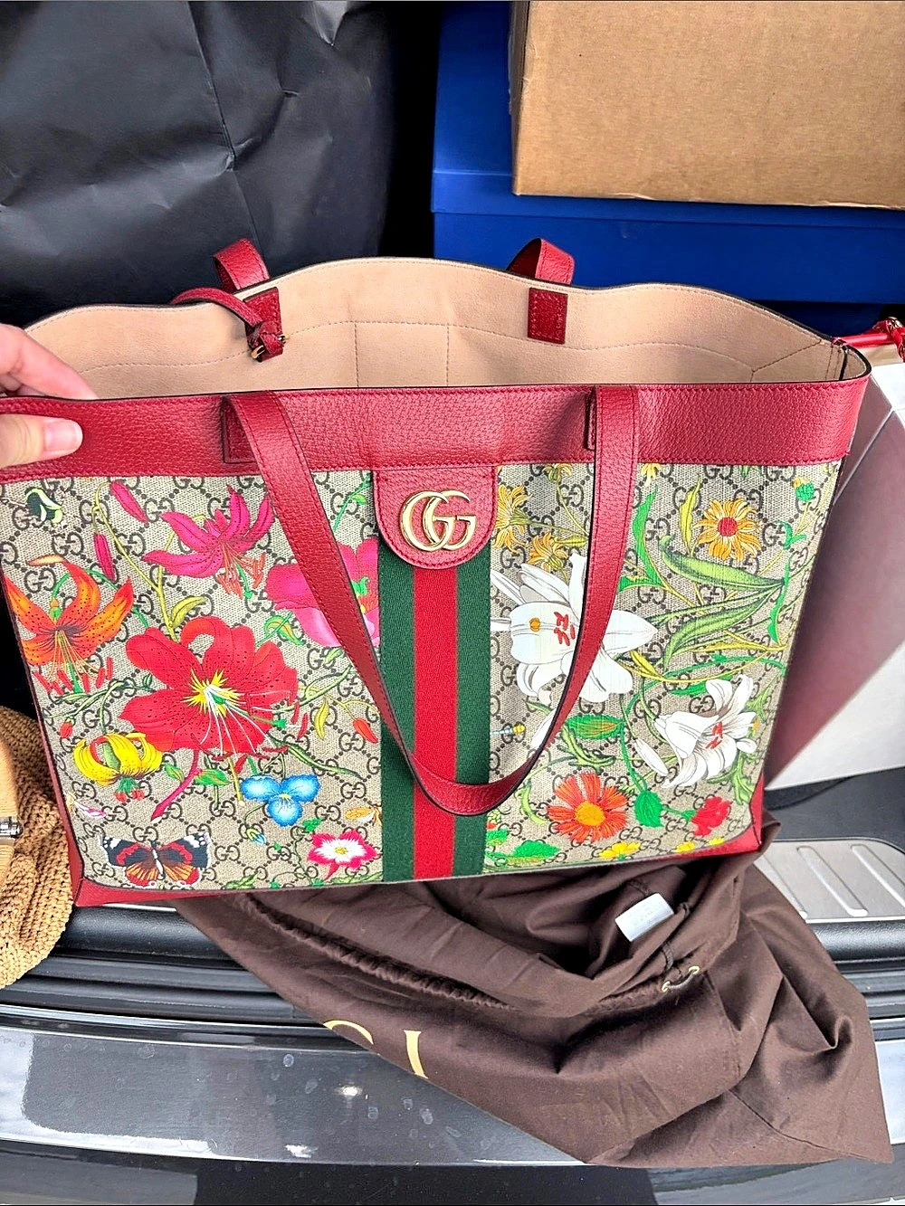 Gucci Ophidia GG Flora Tote in Red & Green